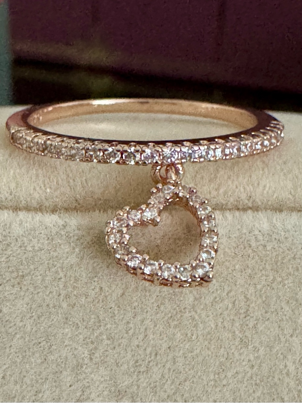 New 14k Rose Gold over Sterling Silver heart dangle crystal ring